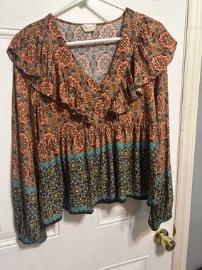 Altar'd State Rust and Turquoise Boho Ruffle V-Neck Blouse